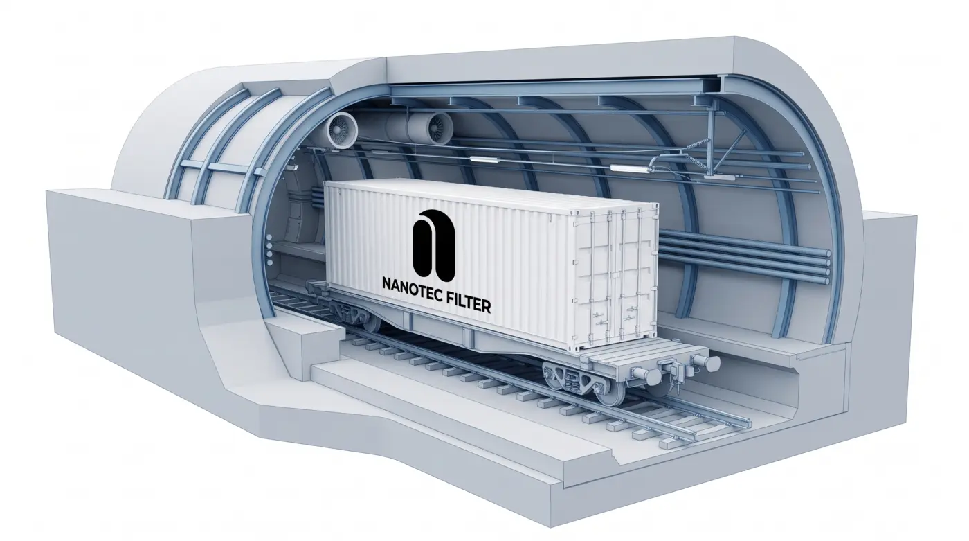 Rendu 3D d’un conteneur de captation Nanotec Filter sur wagon dans un tunnel ferroviaire