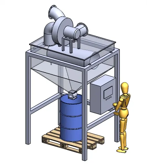 Rendu 3D d’une version industrielle « gros débit » du dispositif : caisson, trémie et collecte des sédiments dans un fût.