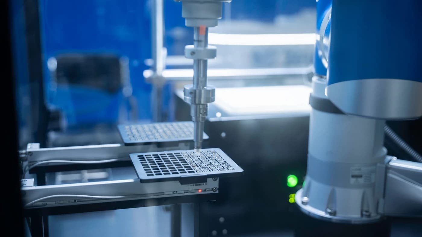 Opérateurs en tenue stérile sur une ligne de production pharmaceutique.