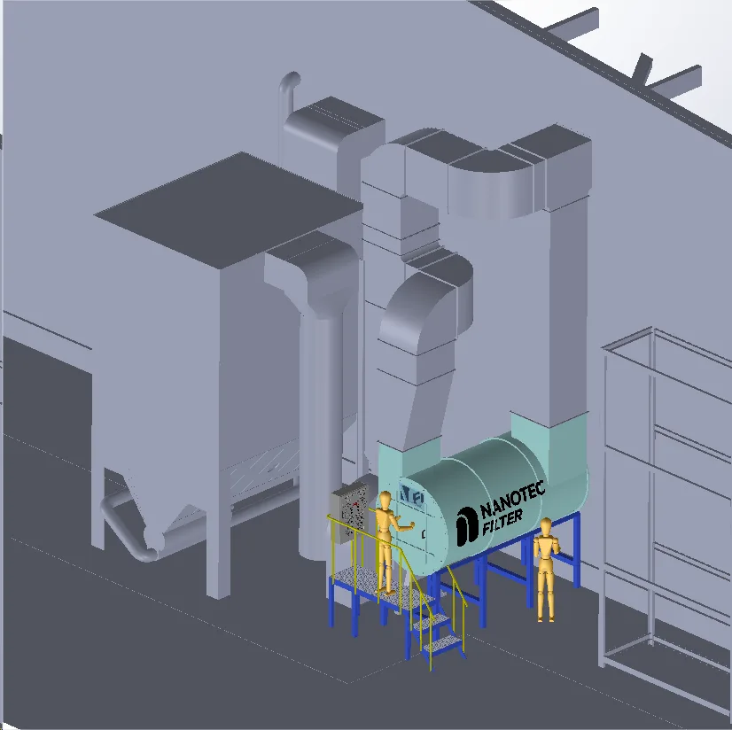 Rendu 3D d’un système de filtration Nanotec Filter intégré dans un local industriel